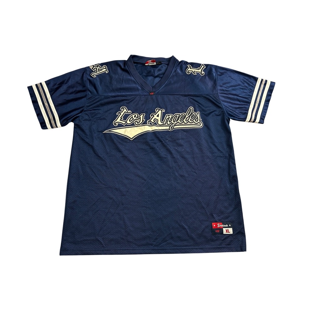 Shekinah Los Angeles Jersey Mens XL Navy Blue Excellent Mesh V-Neck LA Graphic